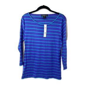 August Silk 100% Cotton Blue/ Teal Fitted Long Sleeve T-shirt Large 3/4 sleeve